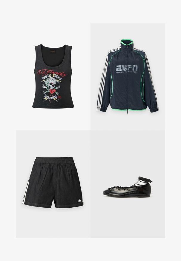 Merensininen Adidas urheilutakki vihreillä yksityiskohdilla, valkoiset kolmet raidat hihoissa, edessä vetoketju ja "ESPN There's No Place Like Sports" -logo.; Mustat hihattomat topit, joissa on rohkea pääkallo ja ristiluut -grafiikka sydämen, moniväristen yksityiskohtien ja "Love Dies Hard" -tekstin kanssa.; Mustat urheilushortsit, joissa on joustava vyötärönauha, valkoiset sivuraidat ja pieni Adidas-logo alaosan vasemmassa jalassa.; Musta kiiltäväpäällysteiset balettitossut, joissa pyöreä kärki, nauhallinen malli ja litteä pohja. Sileä pinta, jossa vähän yksityiskohtia.