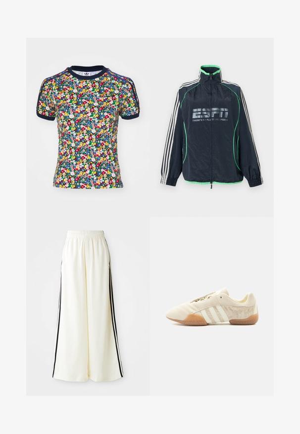 Tmavomodrá športová bunda Adidas so zeleným lemovaním, bielymi tromi pruhmi na rukávoch, predným zipsom a logom "ESPN There's No Place Like Sports".; Košeľa s krátkym rukávom s kvetinovým vzorom v námorníckej modrej farbe, ktorá má jasné kvety na tmavom pozadí, okrúhly výstrih a kontrastné lemovanie pozdĺž rukávov.; Biele široké nohavice s elastickým pásom a čiernymi vertikálnymi pruhmi pozdĺž vonkajších švov.; Nízky béžový teniska s tromi bielymi pruhmi, textúrovanými semišovými bočnými panelmi, gumovou podrážkou a šnurovaním na jednofarebnom pozadí.