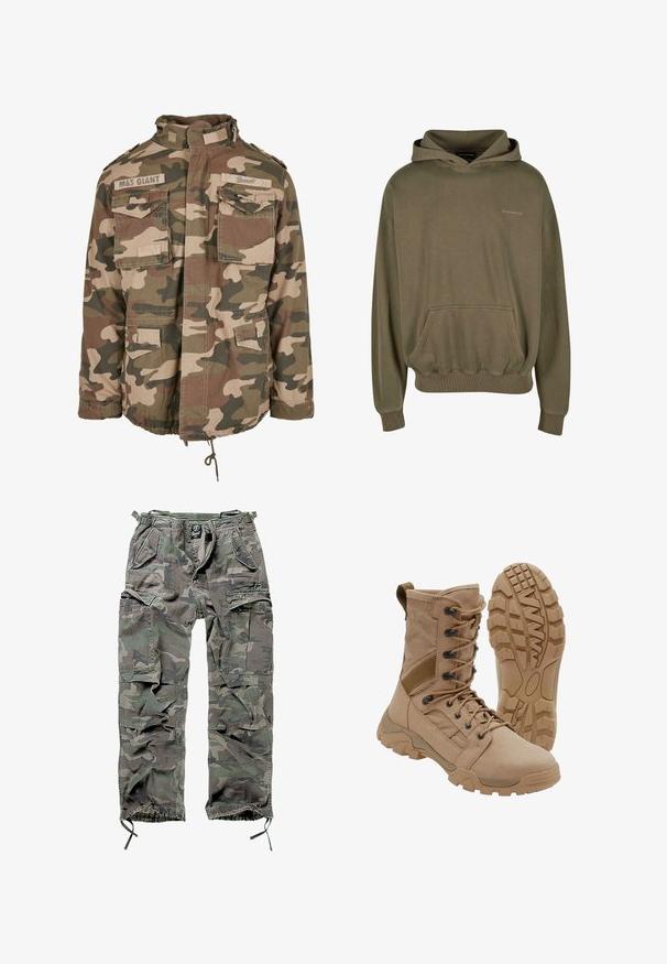 Chaqueta de camuflaje con cuello alto, múltiples bolsillos frontales, dobladillo con cordón, hecha de tela ligera en tonos terrosos de verde y marrón.; Sudadera color oliva hecha de tela suave, con un bolsillo frontal, puños de canalé y un cordón en la capucha, con un sutil detalle de logo.; Pantalones cargo camuflados en verde y gris, con múltiples bolsillos, cintura elástica, puños de tobillo ajustables y un corte relajado.; Bota táctica color beige con diseño de cordones hasta la altura del tobillo y suela de goma resistente, una bota en posición vertical y la otra mostrando el patrón de la suela.