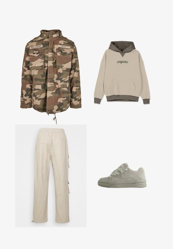 Kamouflagejakke med høj krave, flere frontlommer, snoretræk i bunden, lavet af letvægtsstof i jordnære farver som grøn og brun.; Beige hoodie med en mørkebrun hætte og ribbede manchetter, med en frontkangaroo-lomme og et fremtrædende logo i grå tekst.; Beige bukser med lige ben, elastisk linning og to baglommer, vist bagfra på hvid baggrund.; Lav-snit grå sneaker med tykke teksturerede snørebånd, polstret krave, syninger i panelerne og en rilled gummisål for greb.