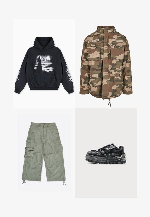 Camo-jack met hoge kraag, meerdere voorkouwen, trekkoord aan de onderkant, gemaakt van lichtgewicht stof in aardetonen van groen en bruin.; Zwarte hoodie met een voorkant bedrukking van een figuur tegen een bewolkte achtergrond. Voorzien van een kangoeroezak en sterpatronen op de mouwen.; Lichtgroene cargoshorts met meerdere klepzakken, riemlussen, knoopsluiting en verstelbare trekkoorden bij de broekspijpen.; Zwarte chunky sneaker met dikke zool, vetersluiting, gestructureerde bandjes en metalen details op hiel en zijkanten tegen een lichte achtergrond.