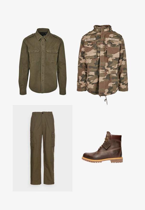Camo-Jacke mit hohem Kragen, mehreren vorderen Taschen, Kordelzugsaum, aus leichtem Stoff in erdigen Grüntönen und Braun.; Olivgrünes Button-Down-Shirt aus Baumwolle. Verfügt über einen Kragen, zwei Brusttaschen mit Klappen und strukturierte Schultern mit sichtbaren Nähten.; Cargo-Hosen in olivgrün, aus strapazierfähigem Stoff. Verfügt über zwei Seitentaschen, eine normale Taille und ein gerades Bein.; Braune Leder-Ankelstiefel mit runder Zehenpartie, robuster Sohle, goldfarbener Hardware und strukturiertem Obermaterial. Enthält ein angehängtes Logo-Tag.