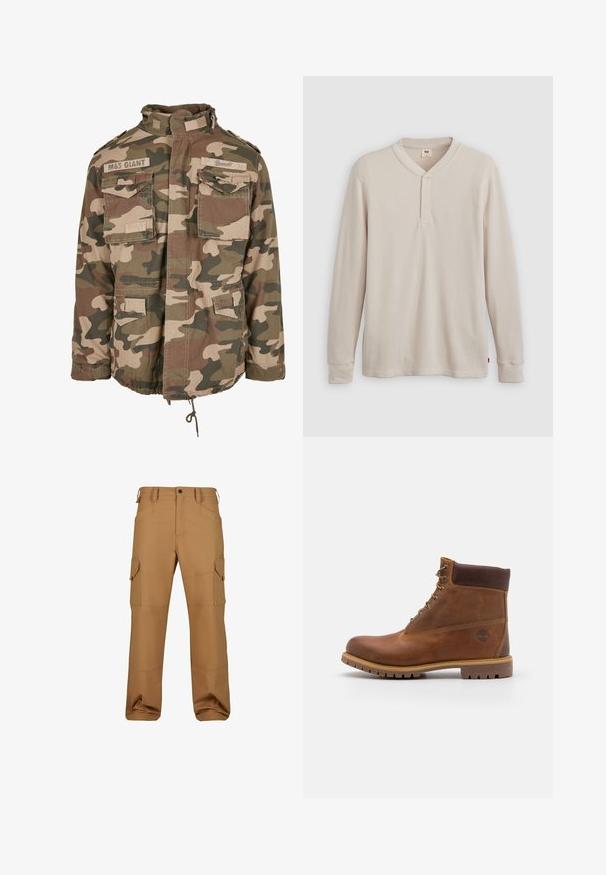 Veste camouflage avec un col montant, plusieurs poches avant, bord à cordon de serrage, fabriquée en tissu léger dans des tons terreux de vert et de marron.; T-shirt henley à manches longues en tissu côtelé beige clair, avec un col en V, une patte de boutonnage à trois boutons et des manches à poignets. Étiquette logo rouge à l'ourlet.; Pantalons cargo marron en tissu durable, dotés de plusieurs poches, d'une coupe décontractée et de détails de couture renforcée.; Botte de randonnée en cuir marron avec une finition lisse, cheville rembourrée, œillets en métal et semelle en caoutchouc dotée d'un motif de crampons robuste.