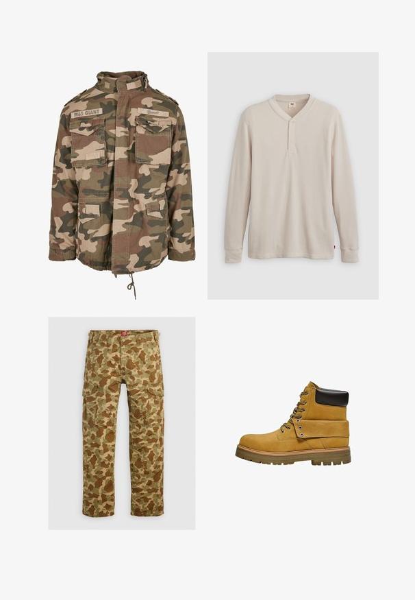 Camo-Jacke mit hohem Kragen, mehreren vorderen Taschen, Kordelzugsaum, aus leichtem Stoff in erdigen Grüntönen und Braun.; Langärmliges Henley-Shirt aus leicht beigem Rippstoff mit V-Ausschnitt, Knopfleiste mit drei Knöpfen und angeschnittenen Ärmeln. Roter Logo-Tag am Saum.; Tarnfarbe Cargo-Hose in verschiedenen Grüntönen und Brauntönen, mit mehreren Taschen und einer lockeren Passform, aus strapazierfähigem Material.; Hellbrauner Arbeitsstiefel mit schwarzem gepolstertem Schaft, Schnürung vorne, umgeschlagener Lasche mit Metalleinlässen und dicker Gummiprofilsohle.