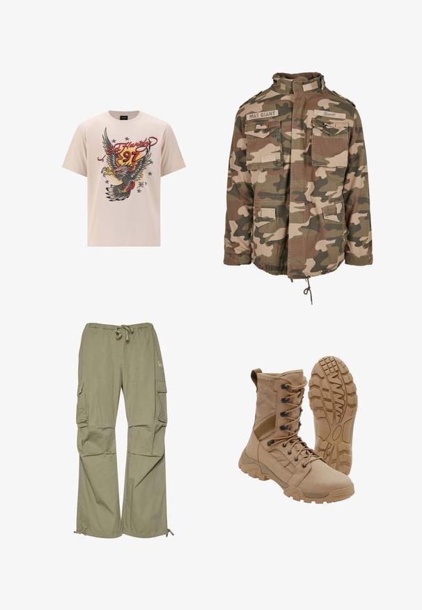 Camo-Jacke mit hohem Kragen, mehreren vorderen Taschen, Kordelzugsaum, aus leichtem Stoff in erdigen Grüntönen und Braun.; Beige Baumwoll-T-Shirt mit einem großen Adler-Graphic, roten und gelben Akzenten, "Ed Hardy"-Schriftzug und Sternen in einem strukturierten Druckdesign.; Cargo-Hosen in olivgrün, aus leichtem Stoff gefertigt, mit einem elastischen Bund, verstellbaren Bündchen und mehreren Seitentaschen.; Brauner taktischer Stiefel mit schnürbarem Knöchel-Design und robuster Gummisohle, ein Stiefel steht aufrecht, der andere zeigt das Profil der Sohle.