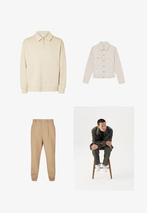 Beige denim jack met knopen, twee borstflapzakken en zij-splitzakken, lange mouwen en een klassieke kraag.; Beige pullover sweatshirt gemaakt van zachte stof, met een ritssluiting bij de hals, een kraag en een ontspannen pasvorm met een eenvoudig horizontaal naaddetail.; Beige op maat gemaakte broeken met plooi, knoopsluiting, riemlussen en taps toelopende benen tegen een witte achtergrond.; Jonge man in een donkere leren jas en spijkerbroek zit op een houten kruk, leunt naar voren met gekruiste armen en kijkt naar de zijkant tegen een witte achtergrond.