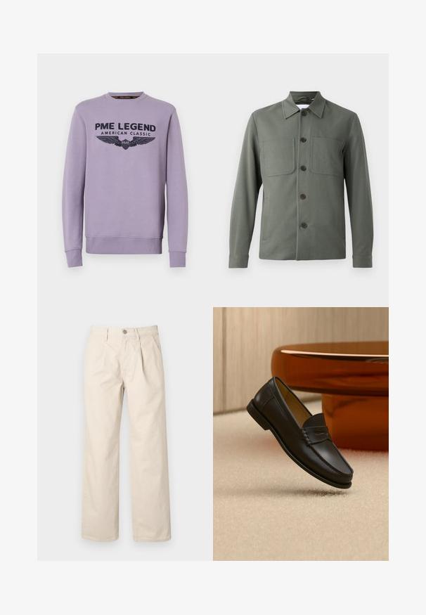 Dunkelgrüne Jacke mit umgeschlagenem Kragen, Knopfverschluss und zwei Brusttaschen. Glattes Gewebe mit tailliertem Schnitt. Die Knöpfe sind braun.; Lila Crewneck-Sweatshirt aus weichem Stoff mit schwarzem Druck auf der Vorderseite "PME LEGEND AMERICAN CLASSIC" und Flügelgrafiken.; Beige weit geschnittene Hose mit hoher Taille, Frontfalten, einem vorderen Knopfverschluss und einem glatten Baumwollstoff.; Schwarzer Leder-Loafer, der über einem hellbeigen Teppich schwebt, mit bernsteinfarbenen modernen Möbeln im Hintergrund.