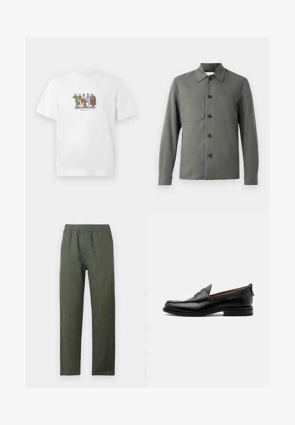 Donkergroene jas met een opgevouwen kraag, knoopsluiting en twee borstzakken. Gladde stof met een getailleerde pasvorm. De knopen zijn bruin.; Witte T-shirt met illustratie van vijf diverse mannen in pakken die zelfverzekerd naast elkaar lopen, met aktetassen en telefoons in de hand.; Donkergroene, lichte linnen broek met een elastische tailleband en rechte pijpen. Voorzien van een voorklep zonder zichtbare zakken.; Zwarte leren herensloffen met moc toe stiksel, pennyriem, gestructureerde kraag en lage gestapelde hak op witte achtergrond.