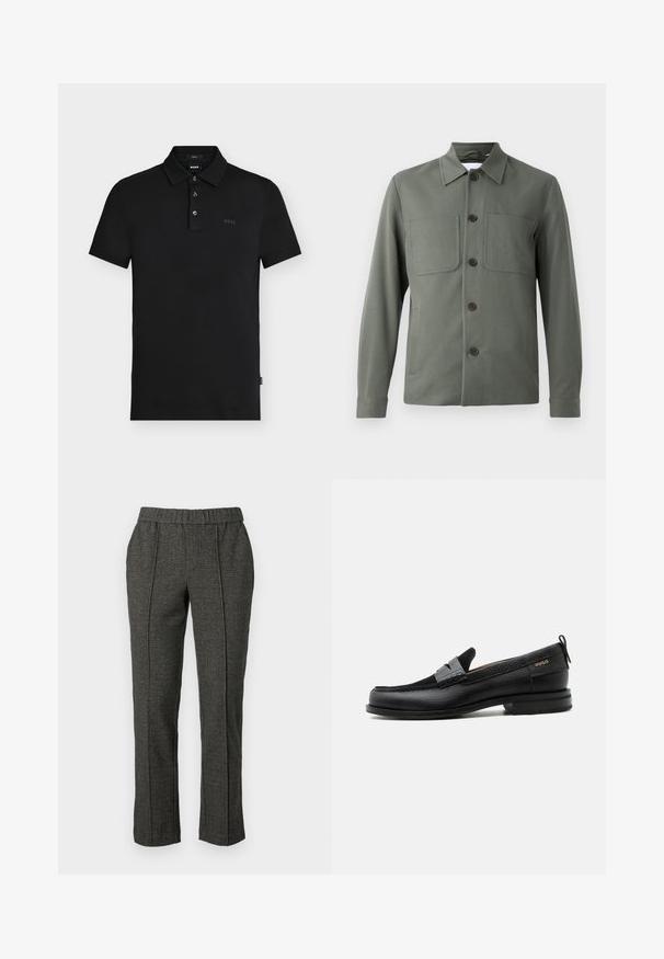 Donkergroene jas met een opgevouwen kraag, knoopsluiting en twee borstzakken. Gladde stof met een getailleerde pasvorm. De knopen zijn bruin.; Zwarte slim-fit poloshirt met drie knopen, korte mouwen en een subtiel "BOSS"-logo op de borst en binnen de kraag.; Grijze op maat gemaakte broek van een textuurstof, met een elastische tailleband, rechte pijpen en voornaaddetails.; Zwarte leren loafer met grijs riemdetailelement, lage hak en gestructureerde zool, aan de zijkant gebrandmerkt met "HUGO" in goud.