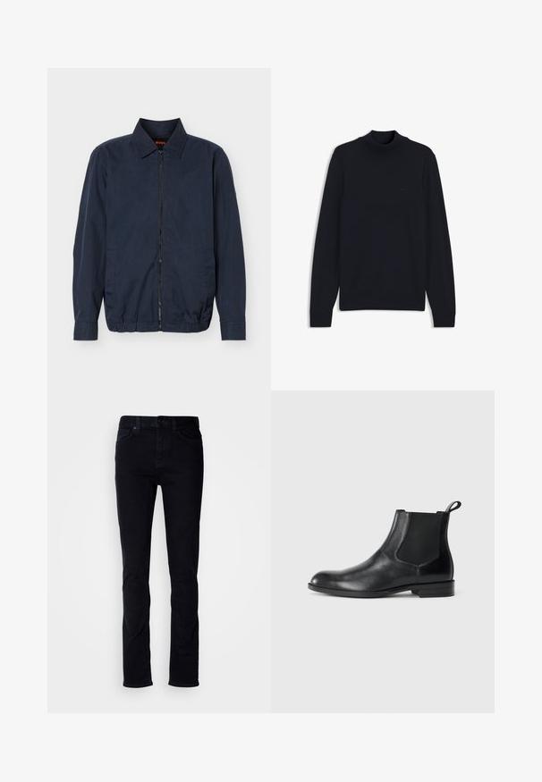 Herre letvægts jakke i marineblå med lynlås, krave, lange ærmer, to sidelommer og elastisk kant.; Sort langærmet sweater med ribstrikket høj krave, ærmeafslutninger og kant, med et diskret prægede logo på brystet.; Sorte denimjeans med slim fit, fem-lomme design, synlig syning og knappelukning. Glat tekstur uden yderligere mønstre.; Sorte læder ankelstøvler med elastiske sidepaneler, rund tå og en trækloft. Glat tekstur, flad sål, minimalistisk design.