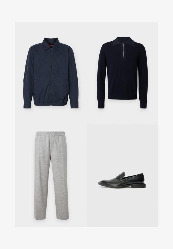 Veste légère zippée pour homme de couleur bleu marine avec col, manches longues, deux poches latérales et ourlet élastique.; Pull en maille bleu marine avec col zippé, poignets et ourlet côtelés. Présente un design texturé et un tissu de col contrastant.; Pantalons en tissu texturé gris clair, avec une taille élastique. Design à jambe droite, sans poches visibles ni détails matériels.; Mocassins en cuir noir avec une texture lisse, un nez pointu et un petit talon rectangulaire. Présente un détail de bande horizontale sur le dessus.