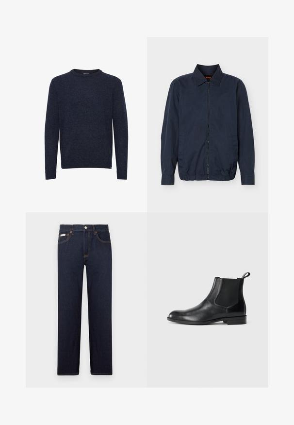 Veste légère zippée pour homme de couleur bleu marine avec col, manches longues, deux poches latérales et ourlet élastique.; Pull bleu foncé à manches longues et col rond, design simple, sans motifs ni logos visibles, présenté sur fond blanc.; Jean en denim bleu foncé avec une coupe droite, un design classique à cinq poches et des coutures orange contrastantes. Comprend une fermeture à bouton en métal.; Bottine en cuir noir avec des panneaux latéraux élastiques, bout rond et tirette. Texture lisse, semelle plate, design minimaliste.