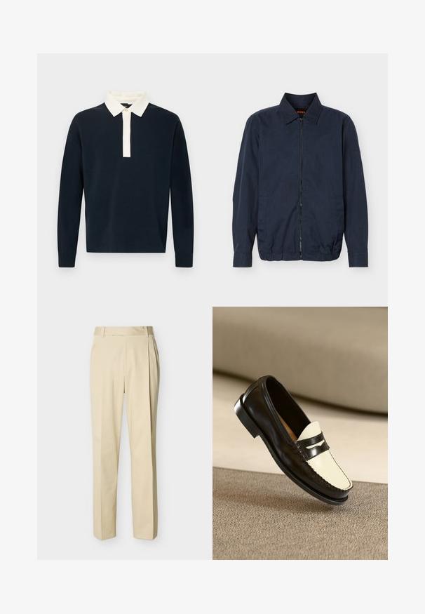 Veste légère zippée pour homme de couleur bleu marine avec col, manches longues, deux poches latérales et ourlet élastique.; Pull-over bleu marine à manches longues avec un col contrastant crème. Dispose d'une patte de boutonnage avec un seul bouton. Tissu doux et texturé.; Pantalon beige à jambe droite avec passants de ceinture et plis sur le devant, sur un fond uni clair.; Mocassin en cuir noir avec un empeigne crème et des rayures noires, présentant un petit talon et des coutures détaillées le long des bords.