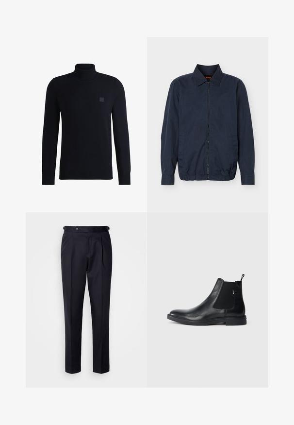 Lichte herenjas in marineblauw met rits, kraag, lange mouwen, twee zijzakken en elastische zoom.; Marineblauwe coltrui van zacht breimateriaal, met lange mouwen en een geribde kraag. Bevat een vierkante logopatch op de borst.; Marineblauwe pantalon van gladde stof, met een geplisseerde voorkant, rechte pijpen en een tailleband met knoopsluiting.; Zwarte leren Chelsea-boots met elastische zijpanelen, een treklipje en een vlakke rubberen zool. Gladde textuur met minimale details.