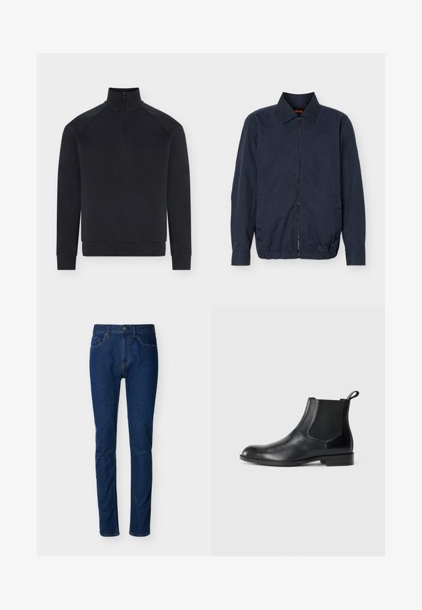 Veste légère zippée pour homme de couleur bleu marine avec col, manches longues, deux poches latérales et ourlet élastique.; Pull noir à manches longues avec demi-fermeture éclair devant, col montant, poignets et bas côtelés, présenté sur fond blanc.; Jean en denim bleu foncé à coupe slim, design à cinq poches, coutures visibles et fermeture par bouton à la taille. Texture lisse.; Bottine en cuir noir avec des panneaux latéraux élastiques, bout rond et tirette. Texture lisse, semelle plate, design minimaliste.