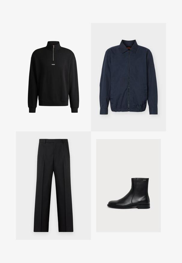 Lichte herenjas in marineblauw met rits, kraag, lange mouwen, twee zijzakken en elastische zoom.; Zwarte sweatshirt met een hoge kraag, voorkant met rits en subtiele logo. Gemaakt van zacht materiaal, met ribgebreide manchetten en onderrand.; Zwarte rechte maatwerkbroek met voorplooien, zijzakken en een tailleband met lussen, plat afgebeeld op een witte achtergrond.; Zwarte gladde lederen enkellaars met lage hak en zijrits, gelabeld Hugo vlak bij de bovenrand.