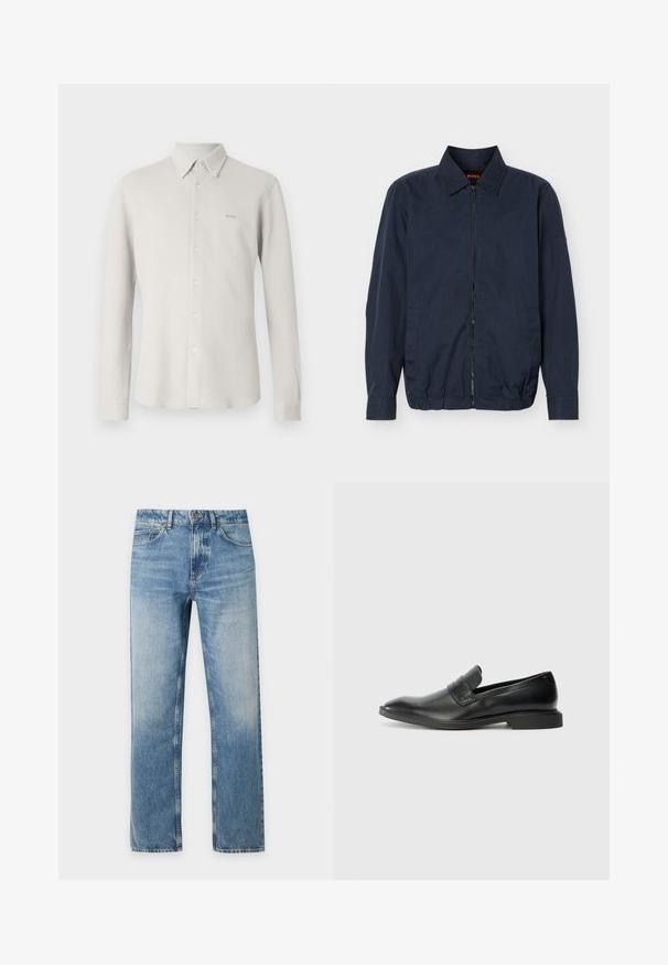 Veste légère zippée pour homme de couleur bleu marine avec col, manches longues, deux poches latérales et ourlet élastique.; Chemise gris clair boutonnée avec un tissu texturé, col et manches longues ; présente un logo "BOSS" subtil sur la poitrine.; Jean denim bleu clair à coupe droite avec cinq poches et fermeture bouton sur un fond uni.; Mocassins en cuir noir avec une texture lisse, un nez pointu et un petit talon rectangulaire. Présente un détail de bande horizontale sur le dessus.