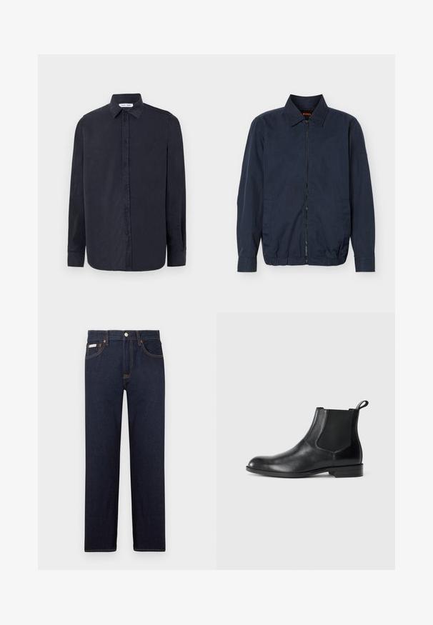 Leichte Herrenjacke in Marineblau mit Reißverschluss, Kragen, langen Ärmeln, zwei Seitentaschen und elastischem Saum.; Samsøe Samsøe RYAN SHIRT - Hemd - salute; Dunkelblaue Denim-Jeans mit geradem Schnitt, einem klassischen Fünf-Taschen-Design und kontrastierenden orangen Nähten. Mit metallischem Knopfverschluss.; Schwarze Leder-Stiefelette mit elastischen Seiteneinsätzen, abgerundeter Zehenpartie und einem Zugschlauf. Glatte Textur, flache Sohle, minimalistisches Design.