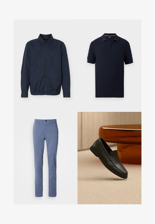 Chaqueta ligera para hombre de color azul marino con cierre de cremallera, cuello con solapa, mangas largas, dos bolsillos laterales y dobladillo elástico.; Polo de manga corta en azul marino texturizado con cuello abierto y puños y dobladillo acanalados, con la etiqueta BOSS.; Pantalones rectos azules con cierre de botón y cremallera, trabillas para cinturón y bolsillos frontales, exhibidos sobre un fondo blanco.; Mocasín negro de piel sin cordones exhibido sobre una alfombra beige junto a una mesa de cristal curva color ámbar en una habitación de tonos neutros.