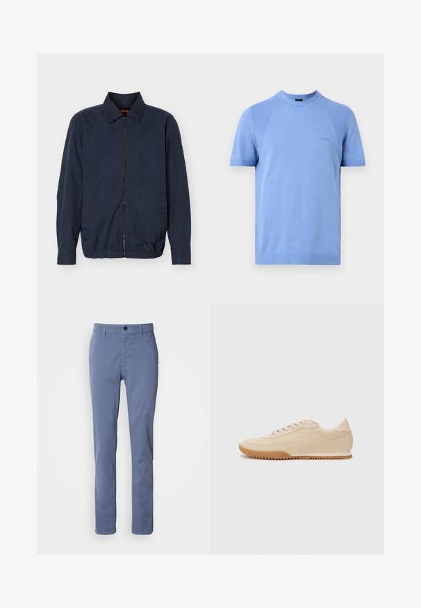 Chaqueta ligera para hombre de color azul marino con cierre de cremallera, cuello con solapa, mangas largas, dos bolsillos laterales y dobladillo elástico.; Camisa de punto de manga corta color azul claro con cuello redondo y logo sutil "BOSS" en el pecho, mostrada sobre un fondo liso.; Pantalones rectos azules con cierre de botón y cremallera, trabillas para cinturón y bolsillos frontales, exhibidos sobre un fondo blanco.; Zapatillas de ante beige con un diseño aerodinámico, que presentan un upper texturizado, puntera redondeada y una suela de goma con un patrón de zigzag.