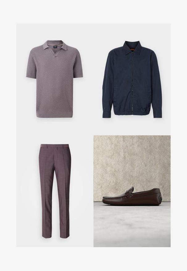 Veste légère zippée pour homme de couleur bleu marine avec col, manches longues, deux poches latérales et ourlet élastique.; Polo en maille mauve à manches courtes avec motif gaufré texturé, col ouvert, poignets et ourlet côtelés, avec une petite étiquette noire à l’intérieur du col.; Pantalons sur mesure pour hommes dans une teinte violette douce, présentant une texture lisse, une coupe droite et des plis avant pour un détail supplémentaire.; Mocassins en cuir marron avec une finition lisse, des coutures de style mocassin, un bout rehaussé et une semelle en caoutchouc basse et flexible.