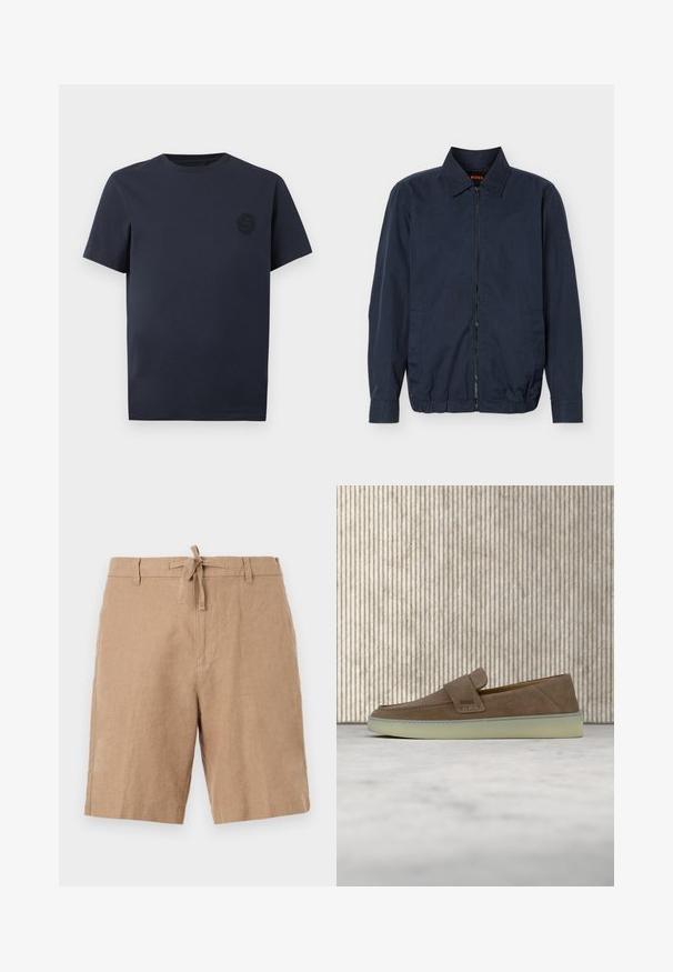 Veste légère zippée pour homme de couleur bleu marine avec col, manches longues, deux poches latérales et ourlet élastique.; T-shirt bleu marine à manches courtes et col rond avec un logo sombre discret sur la poitrine gauche.; Shorts beige longueur genou avec taille à cordon et passants de ceinture, fabriqués en tissu léger et texturé.; Mocassin beige en daim sans lacets avec semelle en caoutchouc blanche et logo BOSS sur la sangle latérale, présenté sur un fond neutre uni.