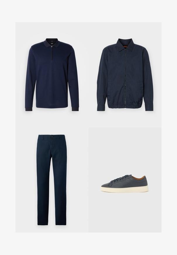 Lichte herenjas in marineblauw met rits, kraag, lange mouwen, twee zijzakken en elastische zoom.; Marineblauwe longsleeve polo met een ritskraag, textuurstof en contrasterende donkere kraagafwerking. Heeft fitted manchetten en een subtiel patroon.; Donkerblauwe rechte broek met riemlussen, een knoopsluiting en een ritssluiting op een effen lichte achtergrond.; Donkereblauwe leren sneaker met een crèmekleurige zool, voorzien van vetersluiting, ronde neus en minimalistische designelementen met tonale accenten.