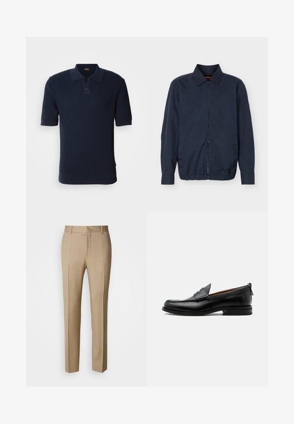 Lichte herenjas in marineblauw met rits, kraag, lange mouwen, twee zijzakken en elastische zoom.; Marineblauw ribbed poloshirt met een twee-knops knoopsluiting, korte mouwen en een platte kraag. De stof heeft een gestructureerde afwerking en een getailleerde pasvorm.; Beige op maat gemaakte broek met een gestructureerde stof, een vlak voorkant en rechte pijpen. Voorzien van zijzakken en riemlussen, voor een verzorgde uitstraling.; Zwarte leren herensloffen met moc toe stiksel, pennyriem, gestructureerde kraag en lage gestapelde hak op witte achtergrond.