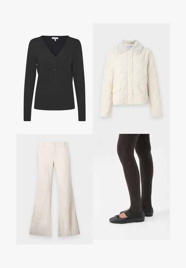 Chaqueta acolchada color crema con cuello de piel sintética, botones a presión y dos bolsillos frontales. Textura suave y diseño corto.; Jersey negro de manga larga con escote en V, hecho de material de punto fino. Presenta una tapeta con cinco botones y puños y dobladillo acanalados.; Pantalones beige acampanados confeccionados en una mezcla de lino ligera. Cuentan con un cierre de botón en la parte delantera y bolsillos laterales. Textura suave, diseño casual.; Piernas con leggings oscuros acanalados combinados con bailarinas negras que presentan pequeños detalles de lazo sobre un fondo blanco.