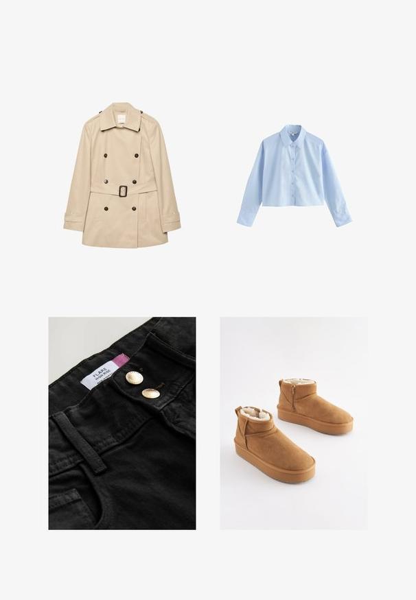 Beige dobbeltradet trenchcoat med bred krave, bælte med spænde, knapgylpede skulderstropper og knapmanchetter, vist fladt mod hvid baggrund.; Lyseblå kort crop top skjorte med lange ærmer, knappelukning, spids krave og manchetærmer, lagt fladt på en hvid baggrund.; Højhævede sorte flare jeans med guldtonet knapper, synlig syning og et plejelabel. Stoffet har en struktureret overflade.; Lysebrune ankelstøvler i ruskind med imiteret pelsforing, flad platformssål og lynlås i siden for nem påtagning. Har rundet tå og minimal syning.