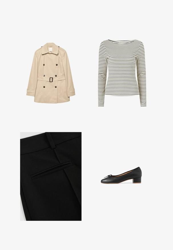 Trench-coat beige à double boutonnage avec large col, ceinture avec boucle, épaulettes boutonnées et poignets boutonnés, présenté à plat sur fond blanc.; T-shirt à manches longues en crème avec des rayures marines. Doté d'un col rond et d'une texture côtelée. La coupe ajustée met en valeur la silhouette.; Pantalon noir en tissu lisse, avec une coupe à plat à l'avant et une poche arrière unique avec une ouverture fendue.; Ballerines en cuir noir avec un bout arrondi, un petit talon bloque et une bordure en tissu. Présente un nœud décoratif sur la zone des orteils.