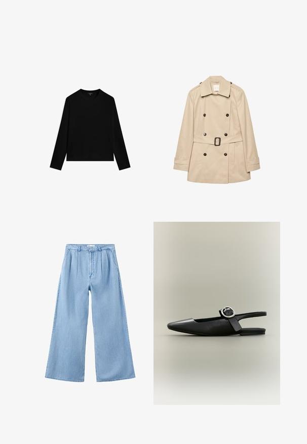 Beige dobbeltradet trenchcoat med bred krave, bælte med spænde, knapgylpede skulderstropper og knapmanchetter, vist fladt mod hvid baggrund.; Sort langærmet top lavet af glat stof, med rund halsudskæring og cropped kant. Simpelt design uden synlige mønstre eller accenter.; Lyseblå denimbukser med vide ben, frontplisser, sidelommer og en linning med bæltestropper.; Sort spids flat slingback-sko med sølv spænde og lav hæl på en neutral baggrund.