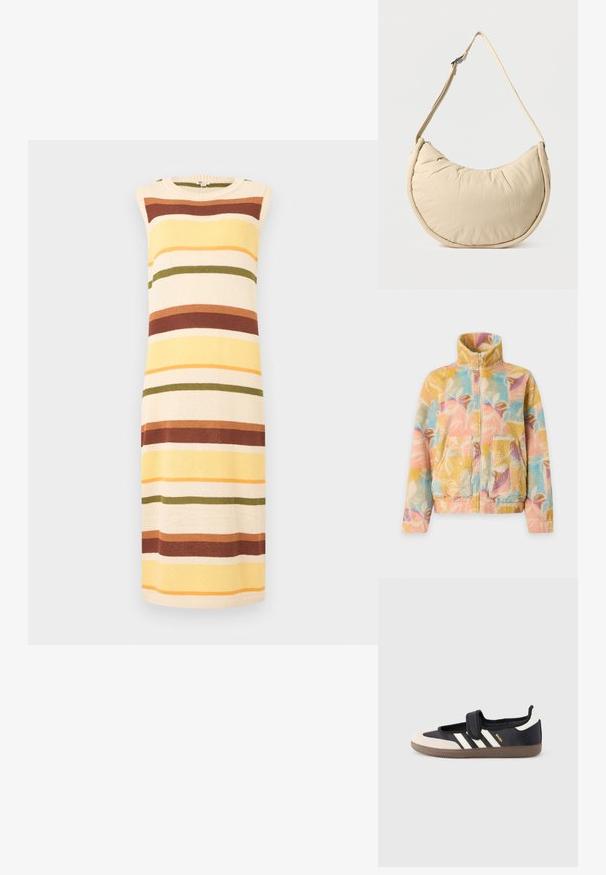 Veste polaire avec col montant et fermeture éclair, présentant des motifs abstraits de feuilles pastel multicolores et des poches plaquées devant.; Robe tricotée sans manches à rayures horizontales dans les tons crème, jaune, rouille, olive et orange, dotée d'un col rond.; Baskets noires et beiges avec une bride en velcro, trois bandes blanches sur le côté, et une semelle en caoutchouc marron texturée. Logo de la marque visible.; Sac d'épaule beige en forme de demi-lune avec une texture douce et rembourrée. Comprend une bandoulière réglable et une fermeture éclair sur le bord supérieur.