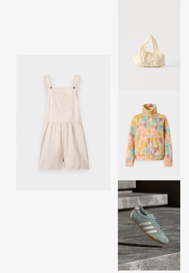 Veste polaire avec col montant et fermeture éclair, présentant des motifs abstraits de feuilles pastel multicolores et des poches plaquées devant.; Salopette courte en lin beige avec larges bretelles, poche avant, boutons en bois et taille froncée sur fond uni.; Chaussure de sport bleu clair avec des rayures blanches, fabriquée en matériau doux, présentant une surface texturée et une semelle extérieure en caoutchouc marron.; Sac à main en tissu texturé couleur crème avec des anses sur le dessus et un petit nœud noué au centre devant.