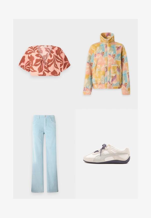 Veste polaire avec col montant et fermeture éclair, présentant des motifs abstraits de feuilles pastel multicolores et des poches plaquées devant.; Top court en tissu rose pastel avec un motif floral en rouille et rose doux, noué à l'avant, avec des manches courtes et un décolleté en V.; Pantalon en velours côtelé bleu clair avec coupe droite, fermeture par bouton et poches avant, présenté sur un fond blanc uni.; Baskets basses blanches et beiges avec lacets et semelle gris foncé, détails en daim, et un design lisse et courbé sur fond uni.