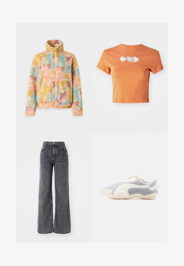 Fleecejack met hoge kraag en rits, met meerkleurige pastelkleurige abstracte bladpatronen en voorzakken met klep.; Korte, gecropte oranje t-shirt van katoen met korte mouwen, voorzien van witte en lichtblauwe geborduurde bloemen over de voorkant.; Wijde grijze denim broek met een hoge taille, voorzien van traditionele vijf-pocket styling en een subtiele vervaagde afwerking.; Sportschoen in lichtgrijs suede met witte leren accenten. Heeft een gestructureerde zool met kleine spikes voor grip. Instapontwerp.