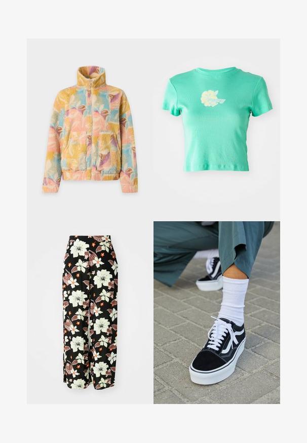 Fleecejakke med høj krave og lynlås, med flerfarvede pastel abstrakte bladmønstre og frontlommer med lapper.; Korthættet t-shirt i lyseblå stof med et blomstermønster og "ROXY" logo i hvid og gul på forsiden. Korte ærmer.; Sorte blomstrede bukser med store hvide, orange og brune blomster, med et løst, bredt ben-design og blødt, letvægtsstof.; Sorte ruskinds sneakers med hvide accenter og snørebånd, der har en tyk hvid sål og kontrasterende syninger, parret med en hvid sok.