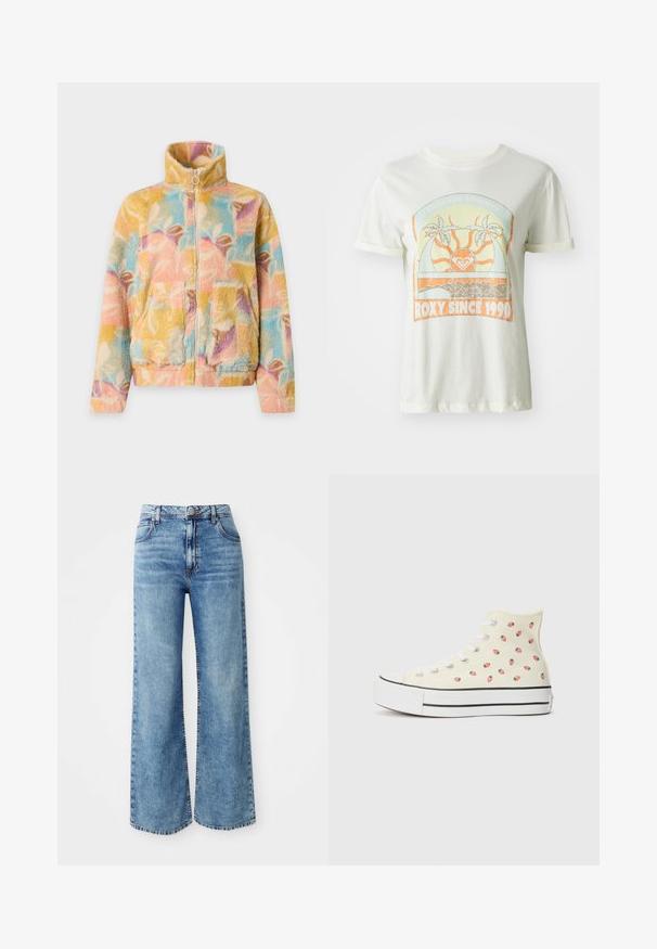 Fleecejakke med høj krave og lynlås, med flerfarvede pastel abstrakte bladmønstre og frontlommer med lapper.; Cremefarvet bomulds t-shirt med et retro grafisk design med palmer, sol og "ROXY SINCE 1990" i orange og teal accenter. Korte ærmer.; Lysblå denim bredbente jeans med høj talje, der har fem lommer, knaplukning øverst og kontrastsyninger langs sømmene.; Høje sneakers lavet af gul lærred, med et mønster af små røde jordbær, hvide snørebånd og en hvid sål med sorte striber.