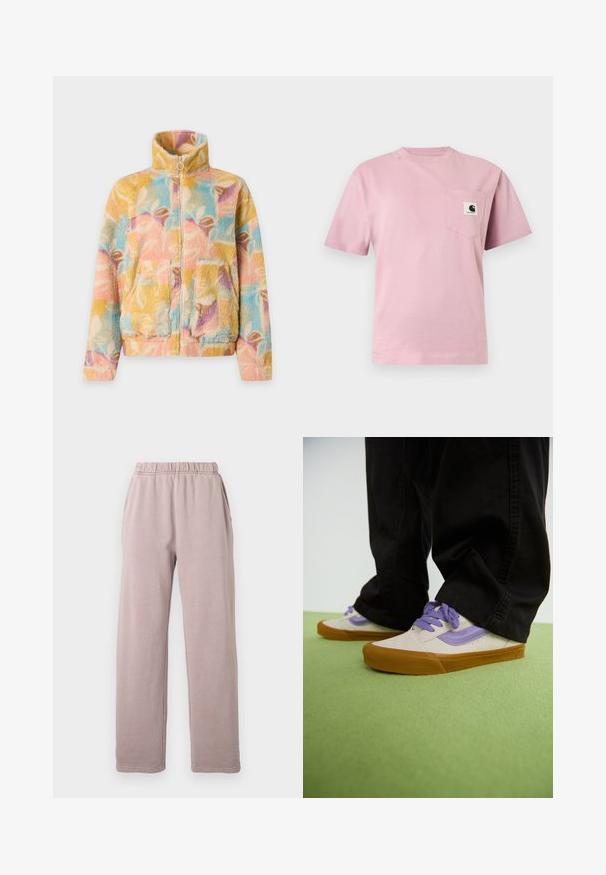 Chaqueta de forro polar con cuello alto y cremallera, con patrones abstractos de hojas en colores pastel multicolor y bolsillos delanteros de parche.; Camiseta de manga corta de color rosa claro con un bolsillo en el pecho izquierdo que lleva un pequeño parche con el logo de Carhartt.; Pantalones de chándal sueltos en color malva con cintura elástica y bolsillos laterales, sobre un fondo blanco liso.; Zapatillas beige claro con acentos morados, suela de goma y cordones planos. Combinadas con pantalones negros, exhibidas sobre una superficie texturada verde.