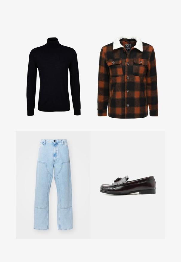 Rutig jakke i orange og sort. Har en hvid fleecekrave, to brystlommer og knaplukning. Blødt, tekstureret materiale.; Sort turtleneck sweater i glat strikstof. Har lange ærmer, en tætsiddende hals og ribbede manchetter og kant for en tætsiddende pasform.; Lyseblå, lige ben denim jeans med store forlommer og kontraststing. Stoffet har en lysnet, blød tekstur.; Mørkebrune lædertasselloafers med lav hæl og syningsdetaljer på overdelen, set fra siden mod en hvid baggrund.