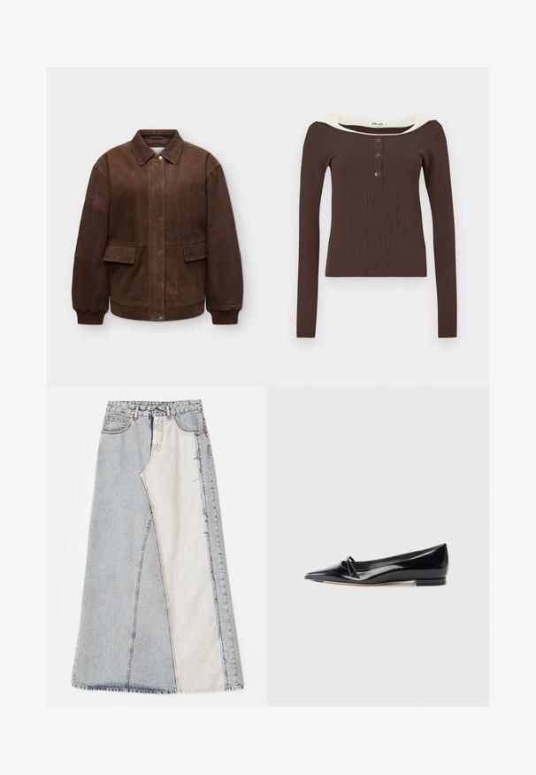Braune Lederjacke mit Kragen, langen Ärmeln, zwei vorderen Klappentaschen, Knopfverschluss und gerippten Bündchen vor einfarbigem Hintergrund.; Braunes, geripptes Langarmshirt mit weitem, cremefarbenem Ausschnitt und drei schwarzen Knöpfen vorne. Verfügt über ein eng anliegendes Design und eine weiche Textur.; Jeansrock mit einem Patchwork-Design in hell- und mittelblauen Abschnitten, ausgefransten Säumen und hoher Taille. Klassischer Fünf-Taschen-Stil.; Schwarze Lackleder-Ballerina mit spitzem Zehenbereich, kleinem dekorativen Riemen und niedrigem Blockabsatz. Glatte Textur und elegantes Design.