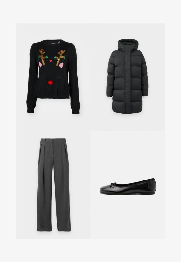 Manteau d'hiver noir long, rembourré, avec capuche matelassée, fermeture par rabat à l'avant et couture horizontale matelassée, présenté sur un fond blanc uni.; Pull noir avec un motif de renne, ornée de bois dorés en sequins, de détails roses au niveau des oreilles, d'un nez en pompon rouge et d'accents en perles vertes et rouges.; Pantalons gris ajustés avec une coupe large, un devant plissé et un tissu texturé, présentant une finition soignée et sans matériel visible.; Ballerine en cuir noir brillant avec petit talon et petit nœud décoratif sur l'avant, vue de côté sur fond clair uni.
