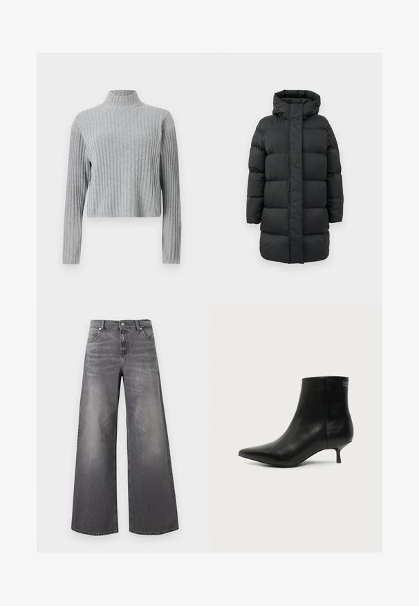 Sort lang dunjakke med polstret hætte, lukning foran med flap og vandret quiltet syninger, præsenteret på en simpel hvid baggrund.; Grå ribbet turtleneck sweater med lange ærmer, cropped længde, blød tekstur og tætsiddende design. Ingen synlig hardware eller mønstre.; Vidbenede jeans i falmet mørkegråt denim. Har en klassisk talje, fem lommer og diskrete slidte detaljer foran.; Sort læder ankelstøvle med spids tå og lav kitten hæl på lys baggrund, der viser yderside.