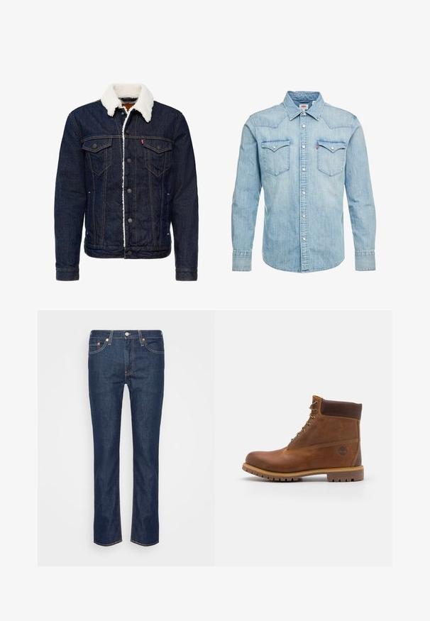 Veste en jean de couleur bleu foncé, col en fausse fourrure blanche, fermeture à boutons, deux poches poitrine et détails de couture contrastés.; Levi's® BARSTOW WESTERN STANDARD - Chemise - red cast stone; Jean en denim droit bleu foncé avec des coutures orange, cinq poches, et une fermeture à bouton et à zip à l'avant.; Botte de randonnée en cuir marron avec une finition lisse, cheville rembourrée, œillets en métal et semelle en caoutchouc dotée d'un motif de crampons robuste.