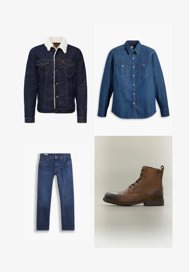 Denimjas in donkerblauwe kleur, met witte nepbont kraag, knoopsluiting, twee borstzakken en contrasterende stiksels.; Denim overhemd in donkerblauw met lange mouwen, puntige kraag en drukknoopsluiting. Bevat twee borstzakken met kleppen en contrasterende stiksels.; Donkerblauwe rechte spijkerbroek met klassieke vijf-pocketstijl en knoopsluiting, getoond tegen een witte achtergrond.; Bruine leren enkellaars met veters, zwarte neuskap, ronde zool en merkdetail aan de zijkant tegen een effen achtergrond.