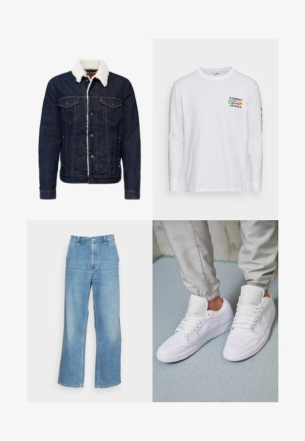 Veste en jean de couleur bleu foncé, col en fausse fourrure blanche, fermeture à boutons, deux poches poitrine et détails de couture contrastés.; Chemise à manches longues blanche en coton, avec le logo "TOMMY JEANS" multicolore sur la poitrine et du texte le long des manches. Coupe classique.; Jean large en denim bleu clair. Dispose d'une taille haute, d'une fermeture à bouton et d'un design classique à cinq poches. Texture lisse.; Des baskets en cuir blanc présentent une zone de perforation à l'avant, des lacets plats, un col rembourré et le logo Jordan sur la languette. Portées avec un pantalon de jogging gris.