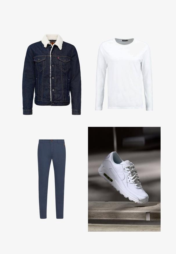 Chaqueta de mezclilla de color azul oscuro, con cuello de piel sintética blanca, cierre de botones, dos bolsillos en el pecho y detalles de costura en contraste.; Camiseta blanca de manga larga hecha de algodón, con cuello redondo y una textura suave. Sin patrones ni acentos. Diseño sencillo.; Pantalones de algodón azul marino con corte slim, con un botón marrón, bolsillos frontales y costuras simples. Textura suave, sin patrones visibles.; Zapatilla blanca de piel con superficies texturizadas, cuello acolchado y amortiguación de aire visible en la suela. Presenta cordones y un diseño minimalista.