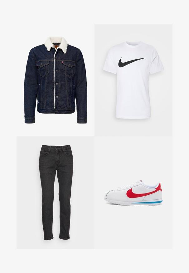 Chaqueta de mezclilla de color azul oscuro, con cuello de piel sintética blanca, cierre de botones, dos bolsillos en el pecho y detalles de costura en contraste.; Camiseta de algodón blanca con un prominente logo negro de Nike Swoosh en el pecho. Mangas cortas y cuello redondo.; Vaqueros de mezclilla negra con un corte ajustado, que cuentan con cinco bolsillos, trabillas para cinturón y detalles de costura sutiles. Textura desgastada a lo largo de la tela.; Zapatilla blanca con acentos rojos, con una parte superior de cuero suave, punta redonda y una suela azul. Diseño con cordones y detalles de costura visibles.