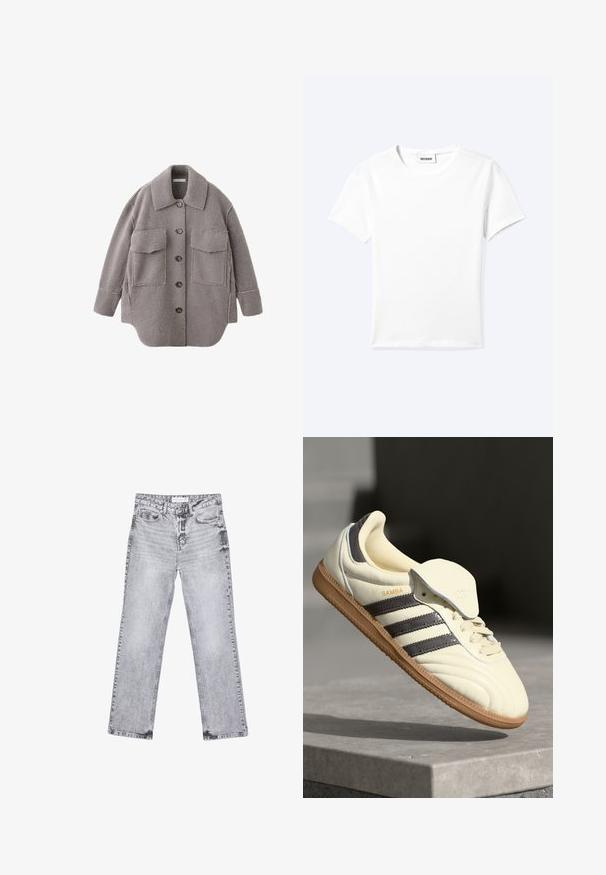 Veste sherpa grise à boutons avec grandes poches avant et col à revers sur fond blanc.; T-shirt blanc uni à manches courtes et col rond avec une petite étiquette "WEEKDAY" à l'intérieur de l'encolure, présenté à plat sur un fond clair.; Jean en denim gris avec une coupe droite, des détails déchirés, cinq poches et des rivets en cuivre. La ceinture présente une étiquette de logo.; Baskets en cuir crème avec trois bandes sombres, une semelle extérieure en gomme marron et un bout arrondi. Présentent une languette pliable étiquetée "SAMBA."