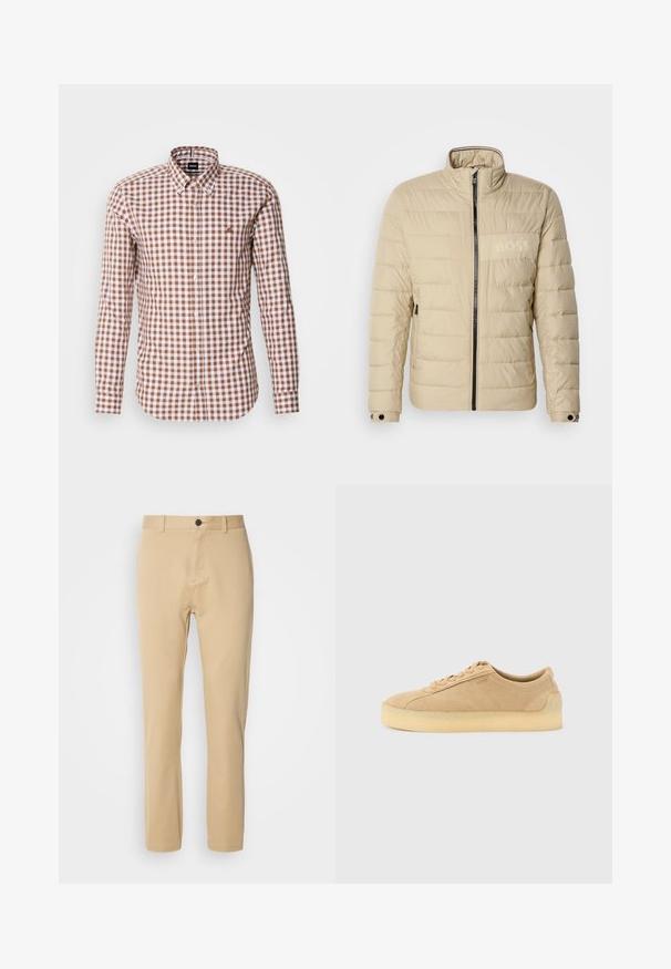 Beige gepolsterte Jacke mit hohem Kragen, horizontalen Nähten, zwei seitlichen Taschen und einem schwarzen Reißverschluss, der ein dezentes "BOSS"-Logo auf der Brust trägt.; Braun- und weiß kariertes Langarmhemd mit Button-Down-Kragen und gesticktem Logo auf der Brust. Baumwollstoffstruktur.; Beige Chinos aus glattem Baumwollstoff, slim fit, mit flachem Front, Gürtelschlaufen und einem einzigen Knopfverschluss. Maßgeschneiderte Gestaltung mit subtilen Nähten.; Beiger Wildleder-Sneaker mit flacher Silhouette, dicker Kautschuksohle, Schnürverschluss und dezentem seitlichem Branding vor einem schlichten hellgrauen Hintergrund.
